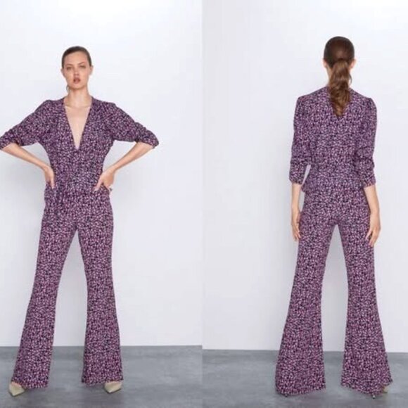 Zara Pink Floral Flare Pants And Boho Asymmetric Peplum Blouse 2 Piece Set EUC - Picture 2 of 16